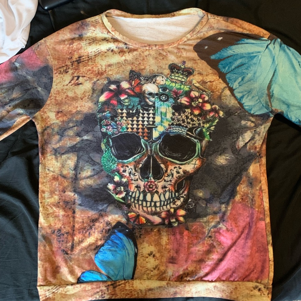 Colorful Skull and Butterfly Graphic Sweatshirt